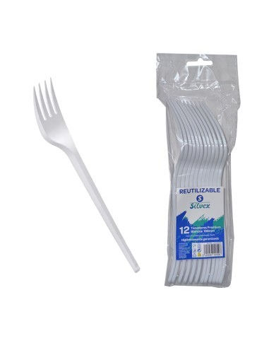 TENEDOR BLANCO DE PLASTICO RECICLABLE (12 UNIDADES)