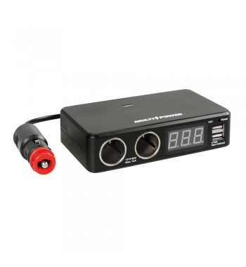 Enchufe mechero multivoltaje con 2 tomas, 2 USB y voltímetro dígital