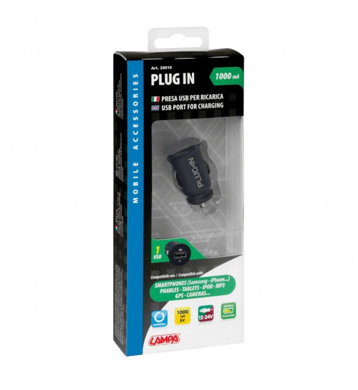Enchufe mechero Plug-in 1 USB indicador led 1000mA 12/24V