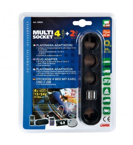 ENCHUFE MECHERO 4 TOMAS 5A + 2 USB 1A CABLE 60 CM FUSIBLE 12/24V