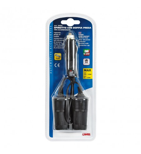 Enchufe mechero 2 tomas cable 18 cm con tapas