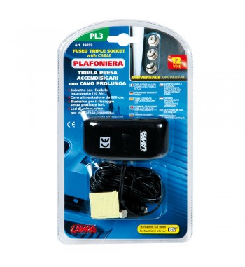 Enchufe mechero PL3 3 tomas cable 2M fusible 10A 2