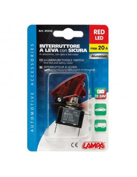 INTERRUPTOR DE PALANCA ROJO CON SEGURO 2 TERMINALES 12/24V 20A